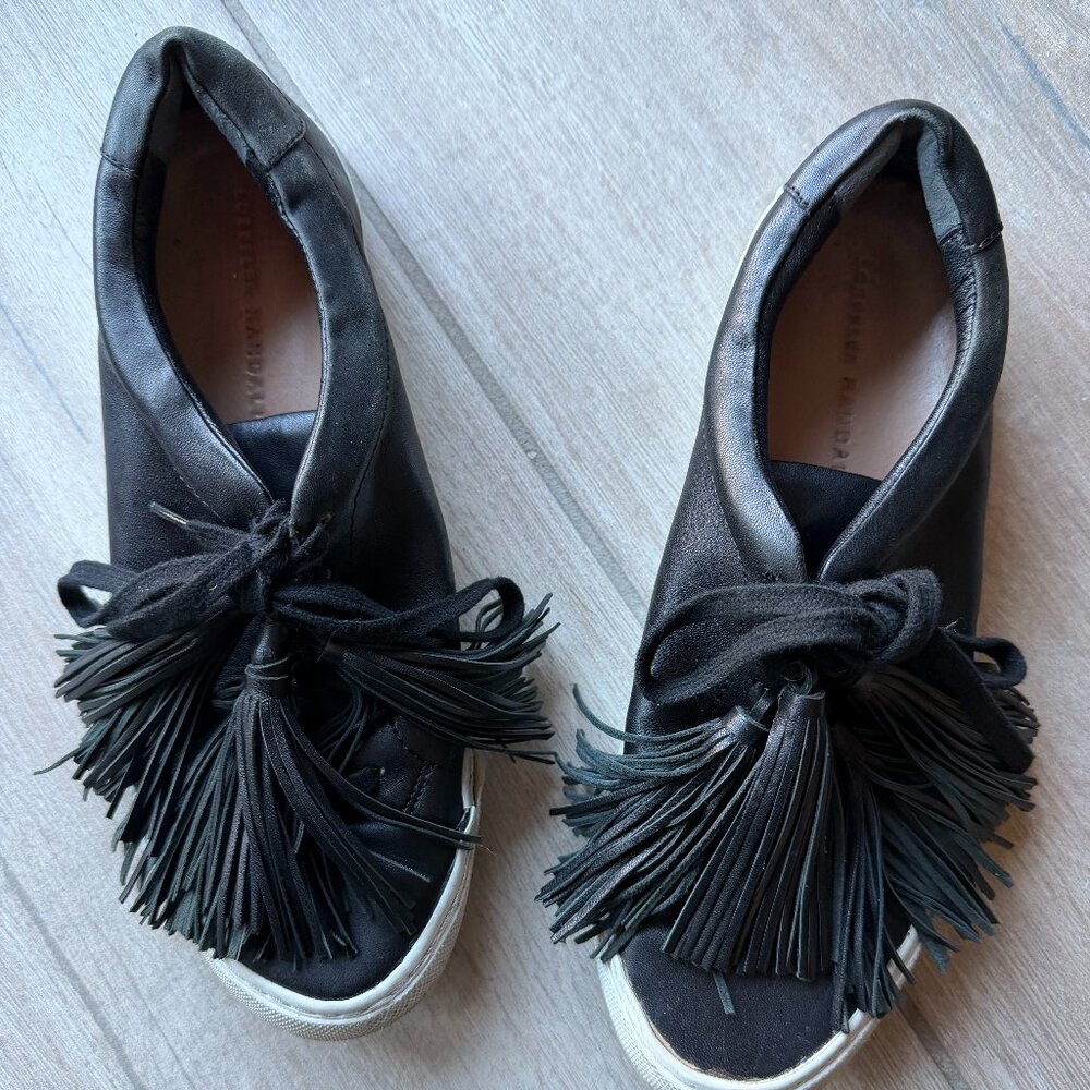 Loeffler Randall Lace Up Tassel Low Top Sneakers Black Leather - Size 8